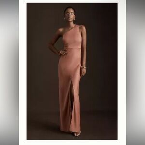 BHLDN DYLAN ONE-SHOULDER SATIN SIDE-SLIT GOWN